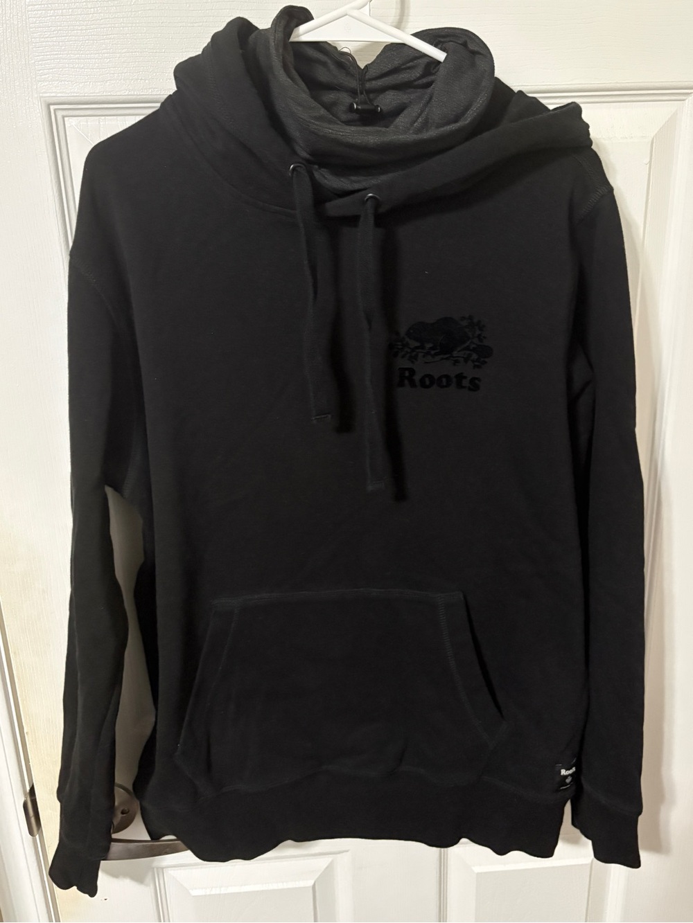Roots Black Crewneck Hoodie with Kangaroo Pocket